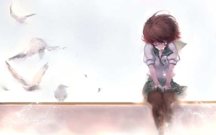 Mutsuki (KanColle), Kantai Collection, Anime, Anime girls, School uniform, Birds, Crying HD Wallpaper Desktop Background