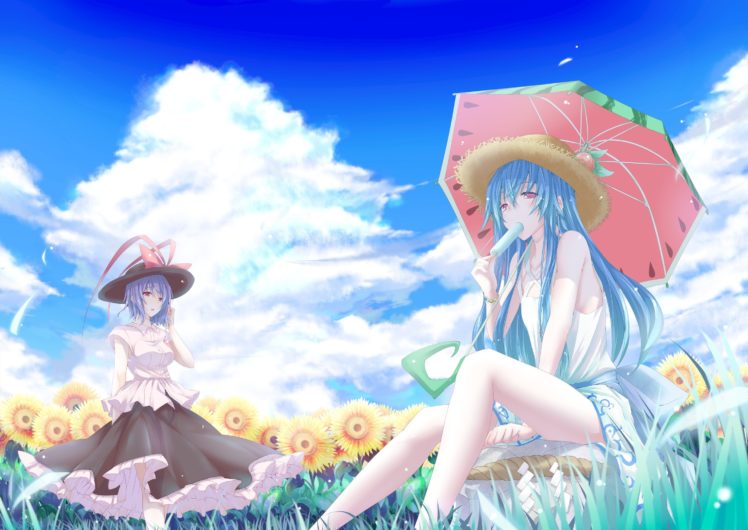 Touhou, Hinanawi Tenshi, Sunflowers, Umbrella, Clouds, Nagae Iku HD Wallpaper Desktop Background