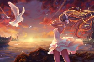 Hatsune Miku, Sunset, Headphones, White dress, Ship, Birds
