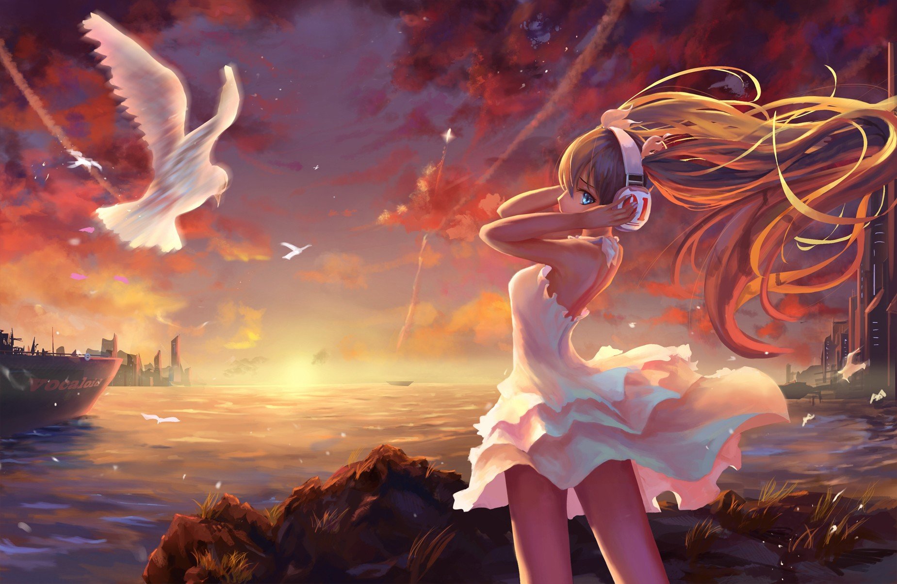 Hatsune Miku, Sunset, Headphones, White dress, Ship, Birds Wallpaper