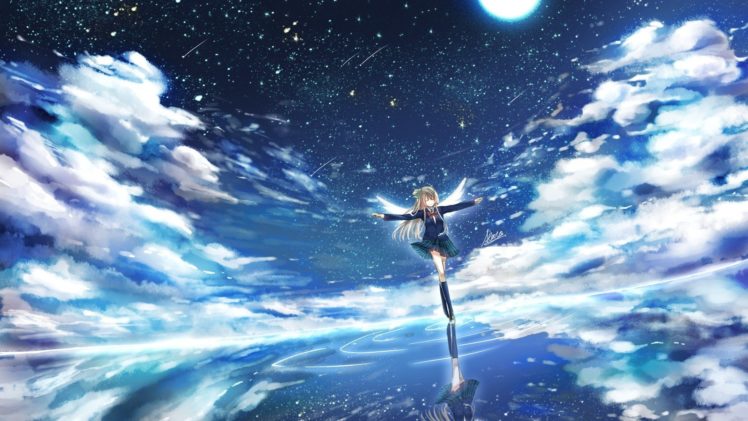 wings, Clouds, Stars, School uniform, Anime girls, Love Live!, Minami Kotori HD Wallpaper Desktop Background