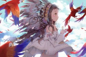 anime girls, Birds, Original characters, Native American clothing, Feathers, Brunette