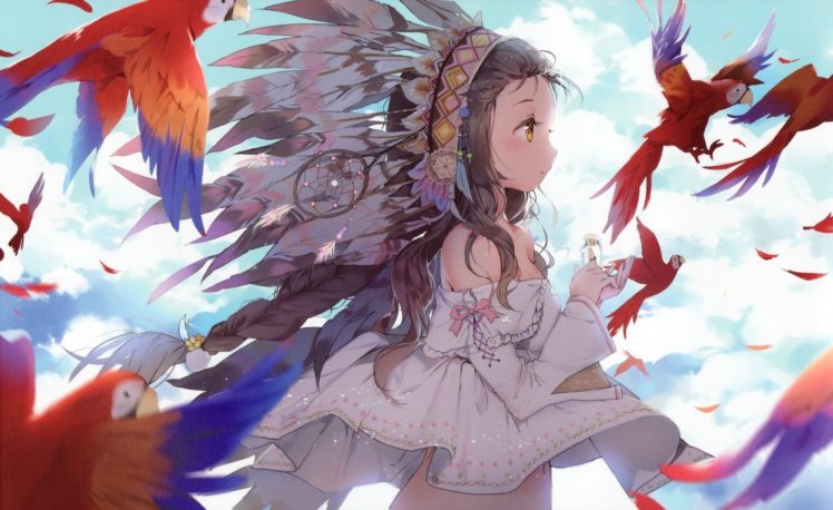 anime girls, Birds, Original characters, Native American clothing, Feathers, Brunette HD Wallpaper Desktop Background