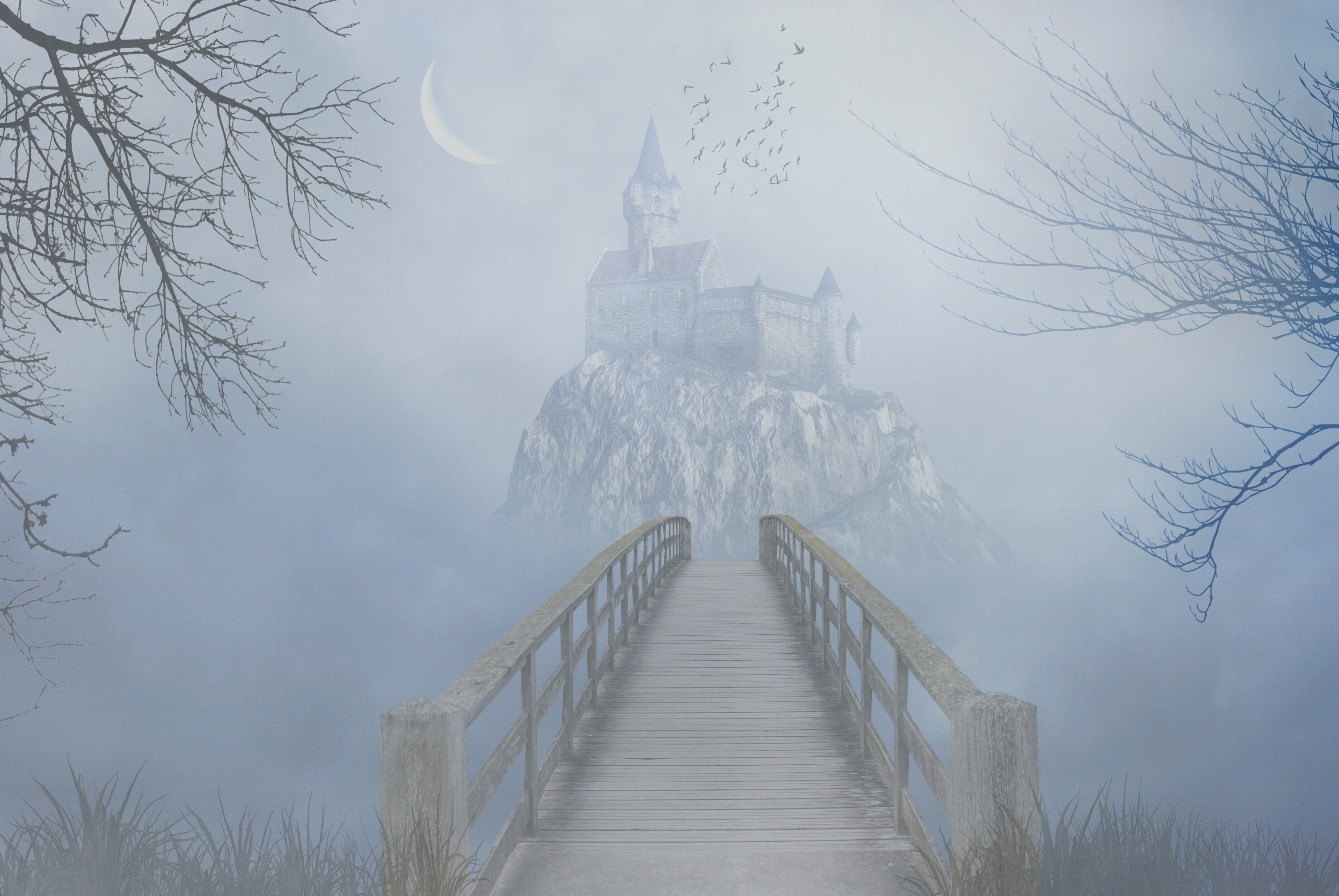 bridge, Rock, Castle Wallpaper