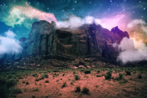 science, Fiction, Mountain, Cliff, Clouds, Space, Stones, Sand, Bushes