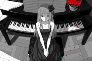 rose, Anime girls, Piano, Mogumo, Original characters, Selective coloring