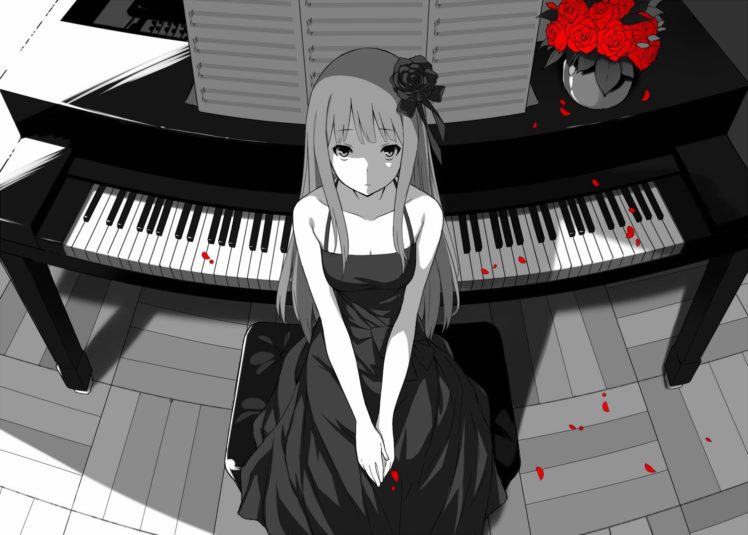 rose, Anime girls, Piano, Mogumo, Original characters, Selective coloring HD Wallpaper Desktop Background