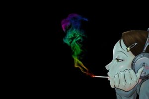 anime, Cigarettes, Anime girls, Black background, Headphones, Colored Smoke