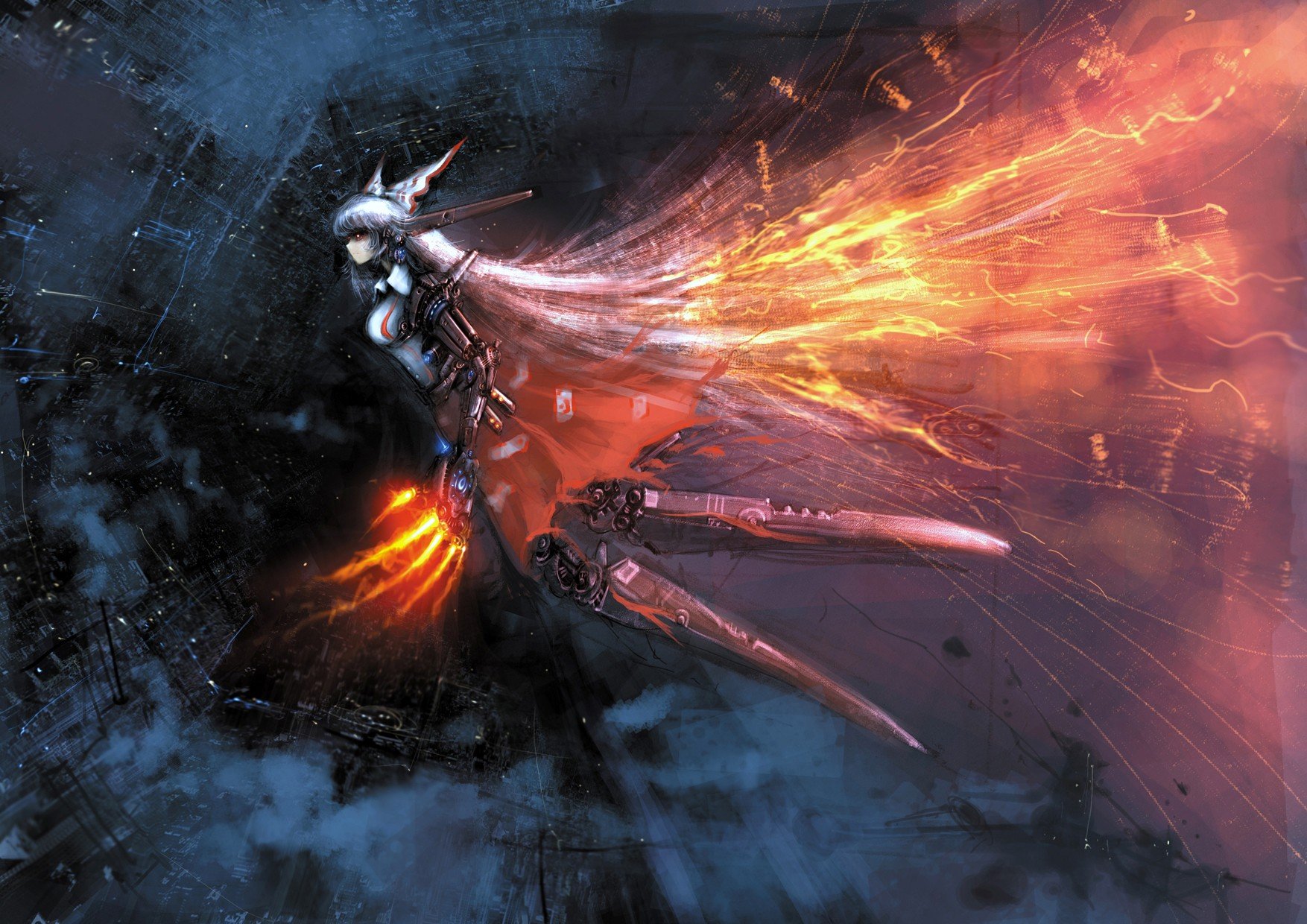 Touhou, Fujiwara no Mokou, Cyborg, Fire Wallpaper