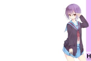 The Melancholy of Haruhi Suzumiya, Nagato Yuki, Brown eyes, Glasses, Purple hair, Short hair, School uniform, Anime girls, Anime