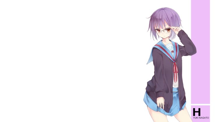 The Melancholy of Haruhi Suzumiya, Nagato Yuki, Brown eyes, Glasses, Purple hair, Short hair, School uniform, Anime girls, Anime HD Wallpaper Desktop Background
