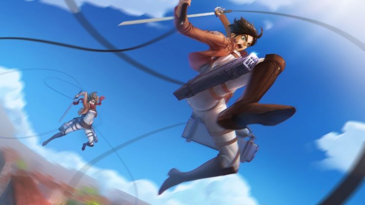 Shingeki no Kyojin, Mikasa Ackerman, Eren Jeager, Jumping HD Wallpaper Desktop Background