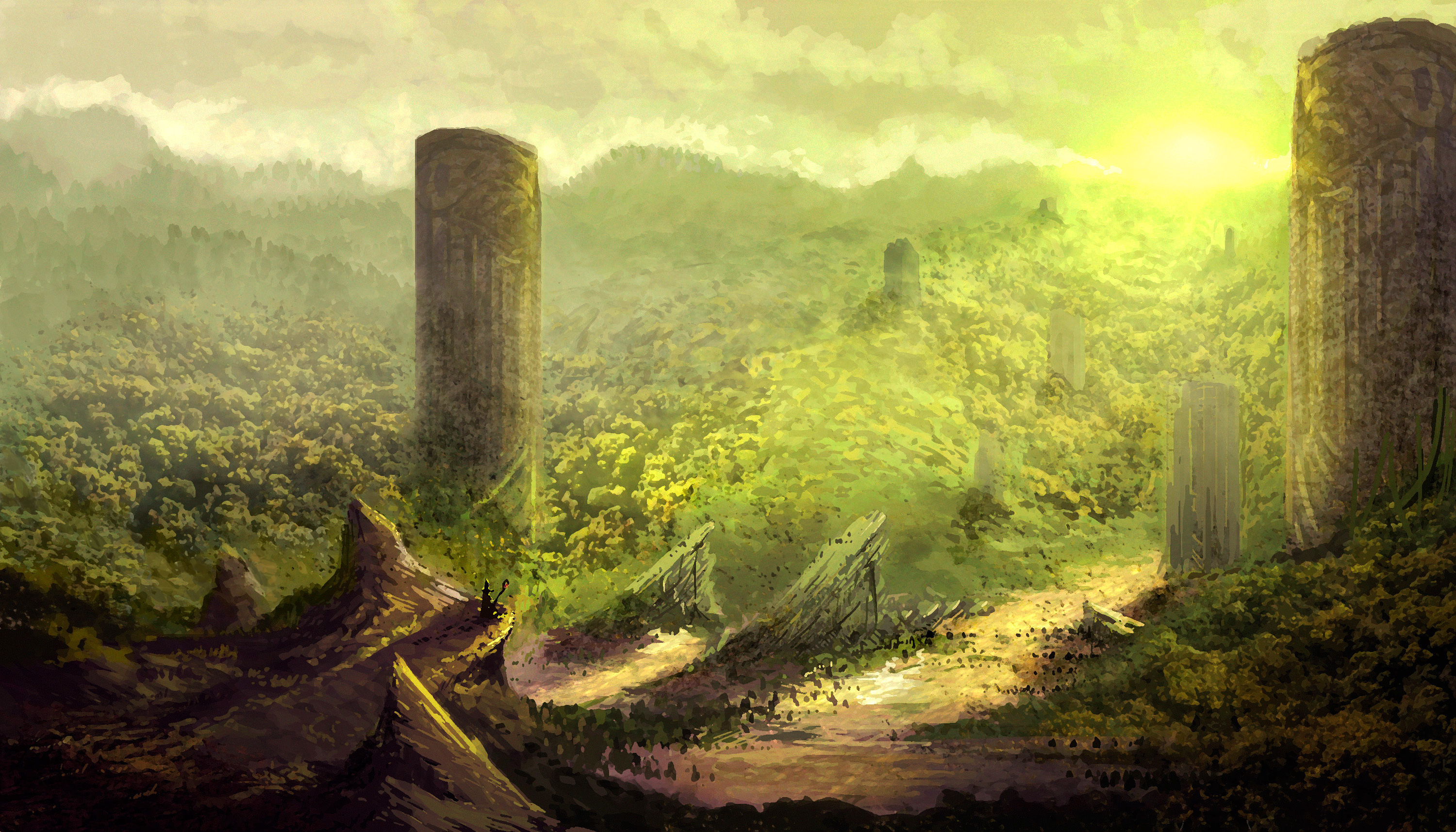 art, Fantasy, World, Mountains, Hills, Columns, Ruins Wallpaper