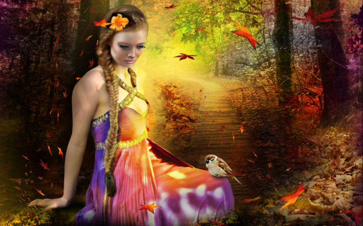 fantasy, Girl, Lashes, Make up, Hair, Braid, Flowers, Dress, Poultry, Track, Trees, Leaves, Autumn, Mood HD Wallpaper Desktop Background