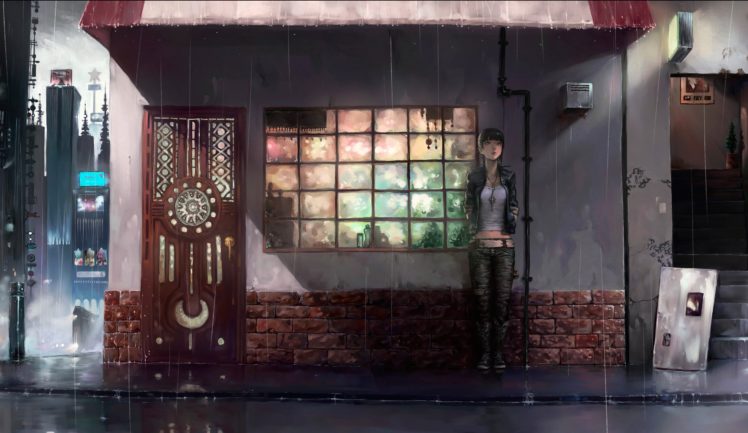anime girls, Rain, City, Drawing, Women, House, Original characters, Door, Anime, Manga, Bricks HD Wallpaper Desktop Background