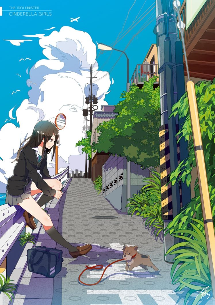 Shibuya Rin, Animals, Dog, Sky, Clouds, Long hair, School uniform, Anime, Anime girls, THE iDOLM@STER: Cinderella Girls HD Wallpaper Desktop Background