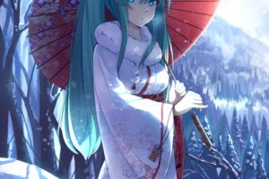 Vocaloid, Hatsune Miku, Forest, Traditional clothing, Kimono, Umbrella, Long hair, Twintails, Trees, Snow, Snow flakes, Sky, Clouds, Anime girls, Anime