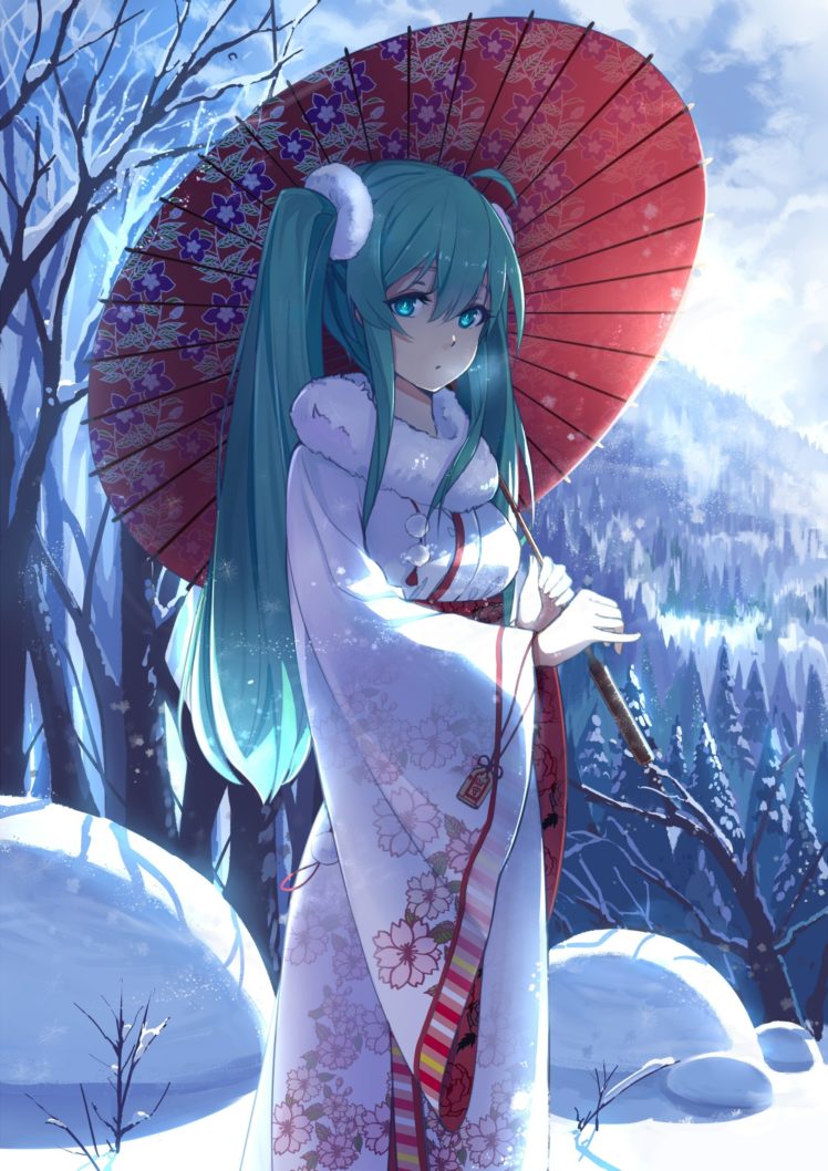 Vocaloid, Hatsune Miku, Forest, Traditional clothing, Kimono, Umbrella, Long hair, Twintails, Trees, Snow, Snow flakes, Sky, Clouds, Anime girls, Anime HD Wallpaper Desktop Background