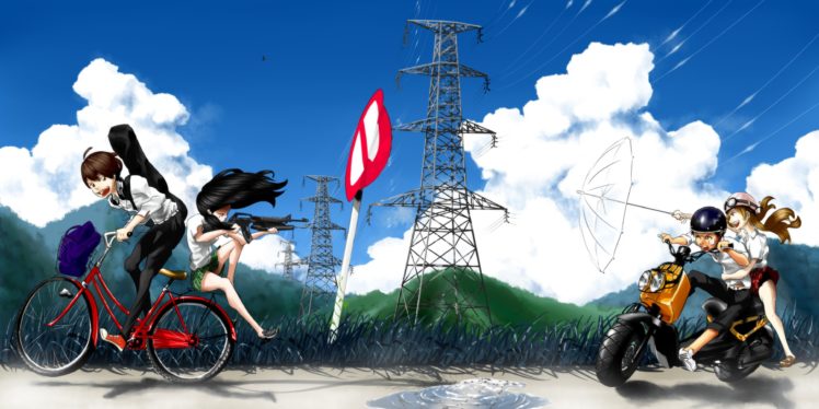 anime girls, Anime boys, Power lines, Machine gun HD Wallpaper Desktop Background