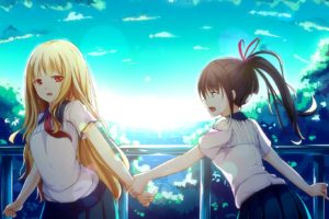 anime girls, School uniform, Original characters, Red eyes, Blonde, Long hair, Ponytail, Schoolgirls