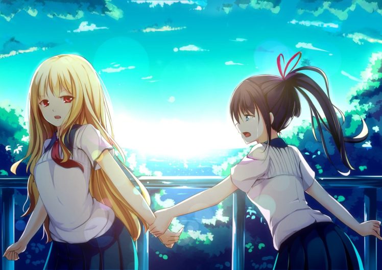 anime girls, School uniform, Original characters, Red eyes, Blonde, Long hair, Ponytail, Schoolgirls HD Wallpaper Desktop Background