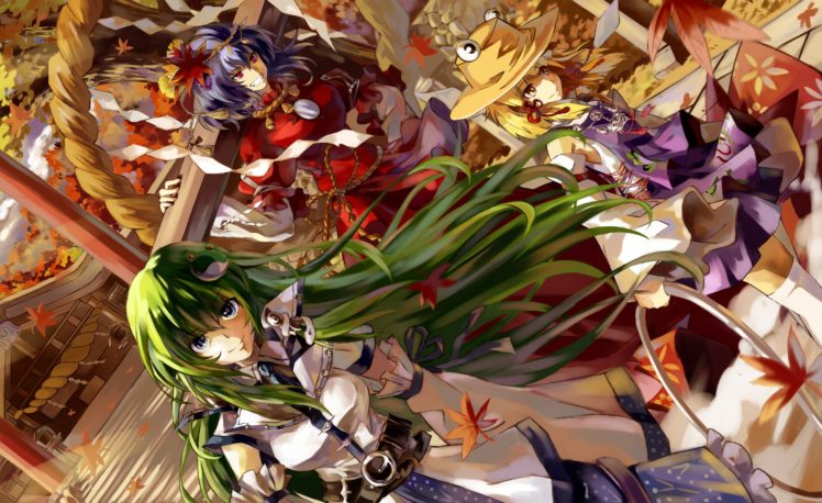 Moriya Suwako, Yasaka Kanako, Kochiya Sanae, Touhou, Shrine maidens, Green hair, Blue hair, Maple leaves, Hat, Miko HD Wallpaper Desktop Background