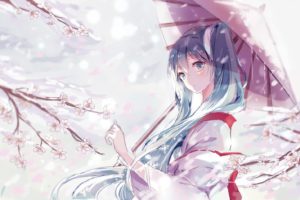 Vocaloid, Hatsune Miku, Traditional clothing, Kimono, Umbrella, Long hair, Twintails, Snow, Snow flakes, Flowers, Anime, Anime girls, Cherry blossom