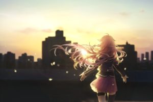 Vocaloid, IA (Vocaloid), City, Back, Long hair, Flower petals, Petals, Thigh highs, Sky, Clouds, Anime, Anime girls