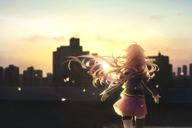 Vocaloid, IA (Vocaloid), City, Back, Long hair, Flower petals, Petals, Thigh highs, Sky, Clouds, Anime, Anime girls HD Wallpaper Desktop Background