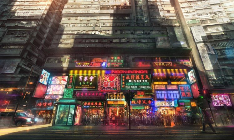 city, Neon light, Anime, Apartments HD Wallpaper Desktop Background