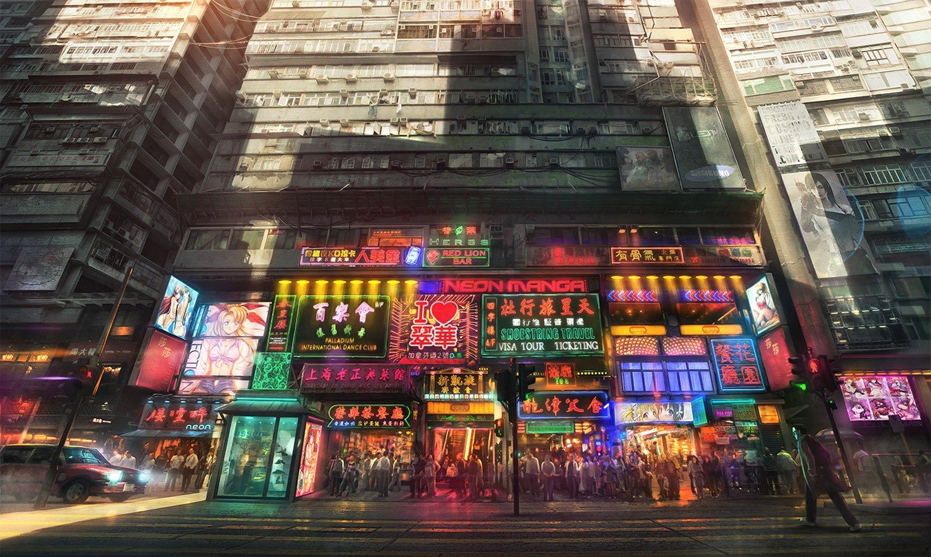 city, Neon light, Anime, Apartments Wallpaper