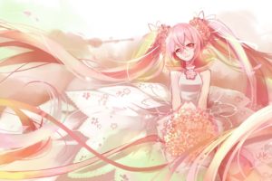 Vocaloid, Hatsune Miku, Sakura Miku, Flowers, Flower petals, Flower in hair, Long hair, Twintails, White dress, Anime girls, Anime