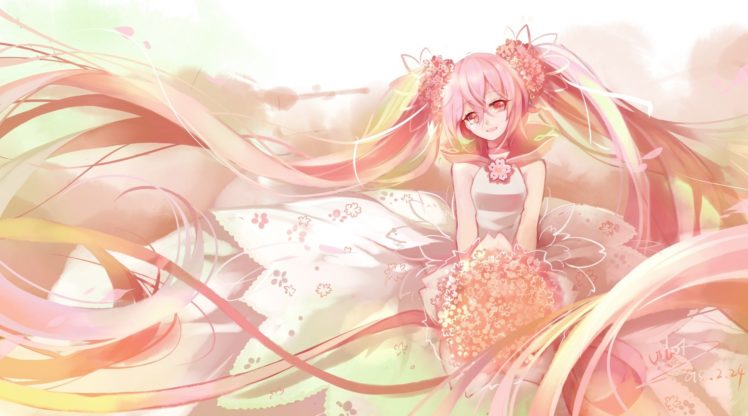 Vocaloid, Hatsune Miku, Sakura Miku, Flowers, Flower petals, Flower in hair, Long hair, Twintails, White dress, Anime girls, Anime HD Wallpaper Desktop Background