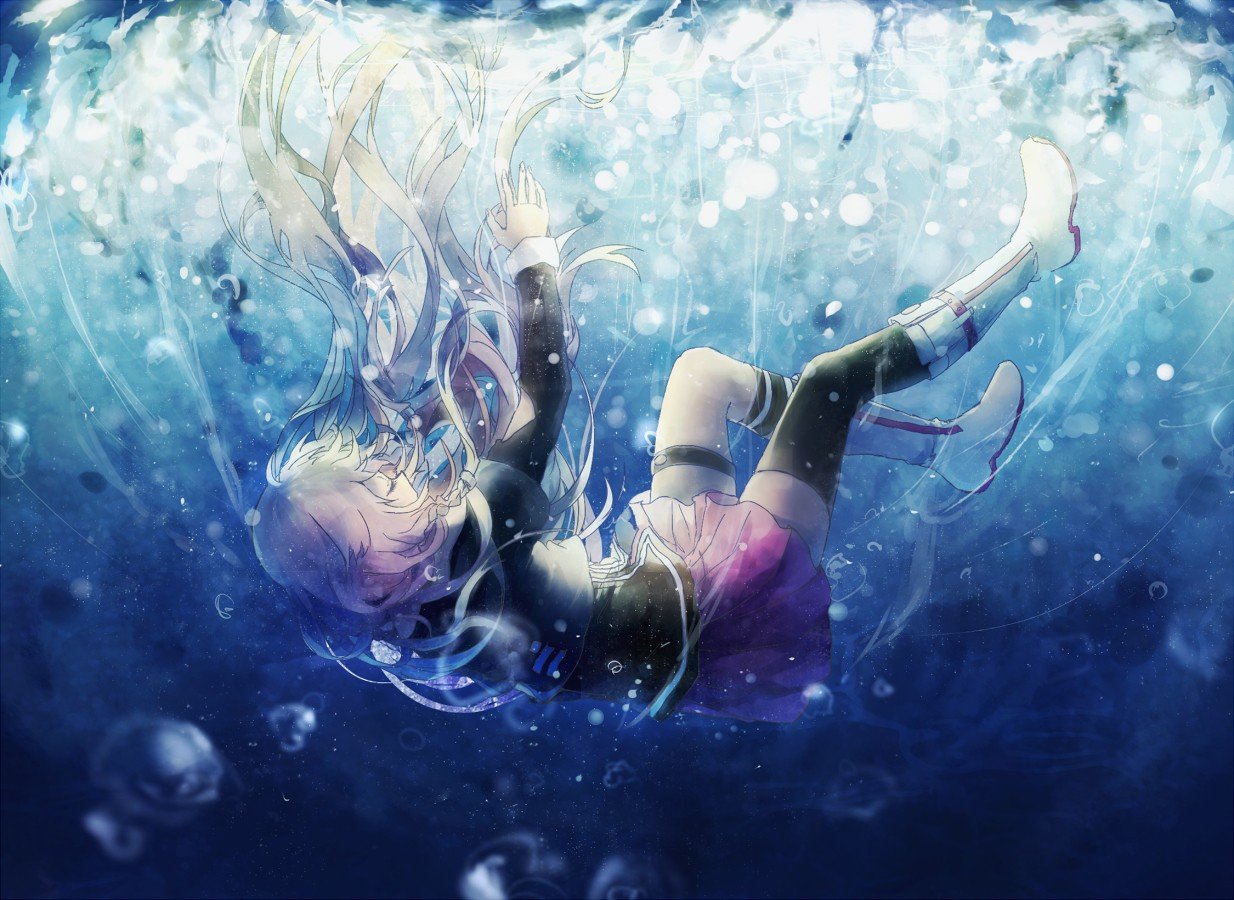Vocaloid, IA (Vocaloid), Underwater, Water, Long hair, Thigh highs, Skirt, Boots, Anime girls, Anime Wallpaper