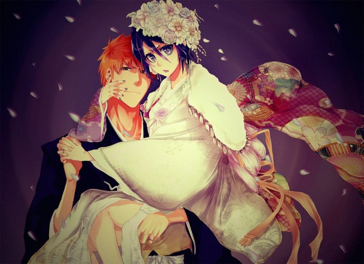 Bleach, Kurosaki Ichigo, Kuchiki Rukia, Kimono, Flower in hair, Flower petals, Jewelry, Anime girls, Anime HD Wallpaper Desktop Background