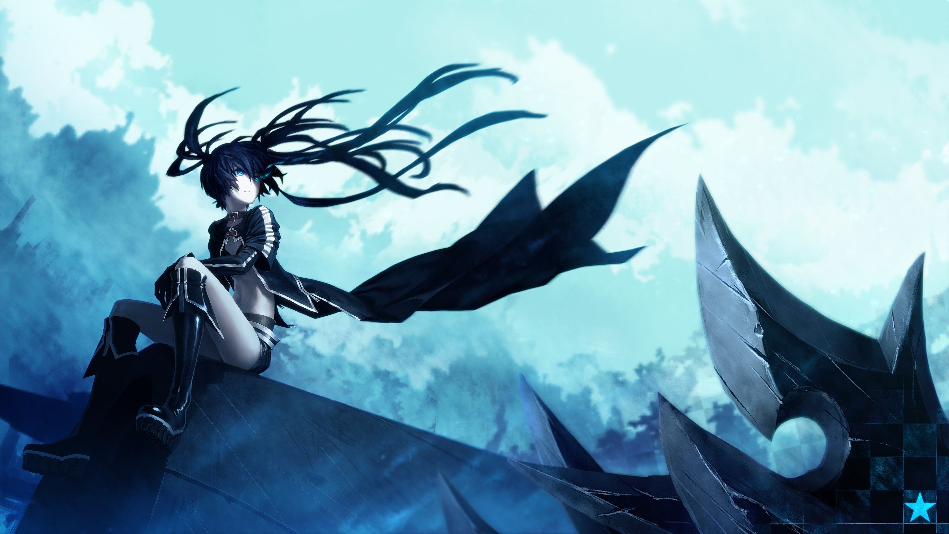Black Rock Shooter, Fiery eyes, Sitting, Long hair, Twintails, Boots, Wind, Sky, Clouds, Anime girls, Anime, Kuroi Mato Wallpaper