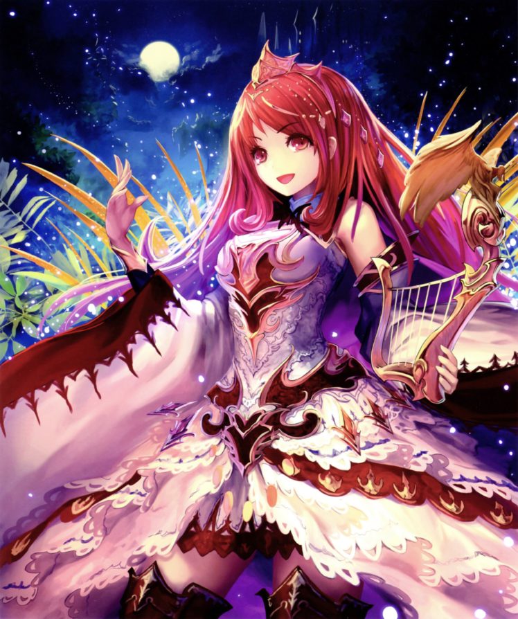 Shingeki no Bahamut, Armor, Dress, Harp, Stars, Moon HD Wallpaper Desktop Background