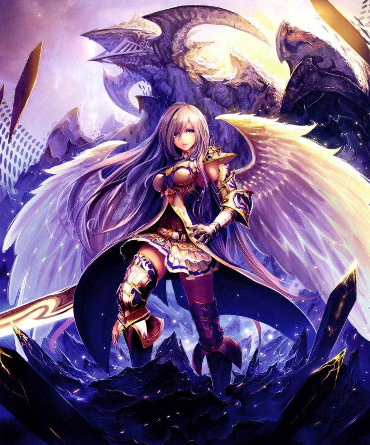 Shingeki no Bahamut, Sword, Armor, Dragon, Wings, Blue eyes, Alexiel (Shingeki No Bahamut) HD Wallpaper Desktop Background