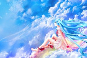 colorful, Anime, Anime girls, Vocaloid, Hatsune Miku, Clouds, Sitting