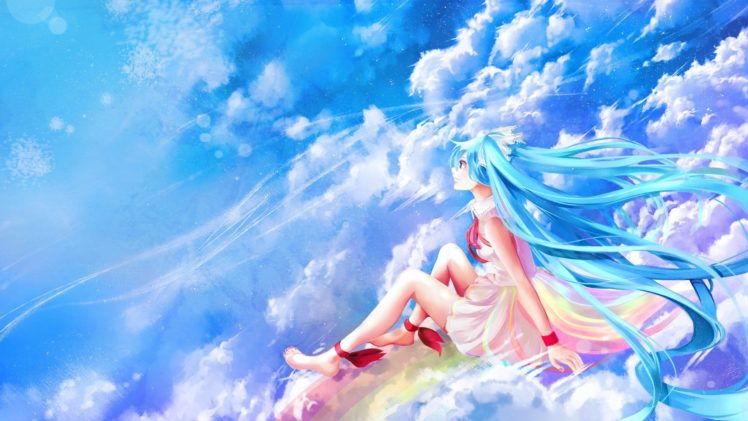 colorful, Anime, Anime girls, Vocaloid, Hatsune Miku, Clouds, Sitting HD Wallpaper Desktop Background