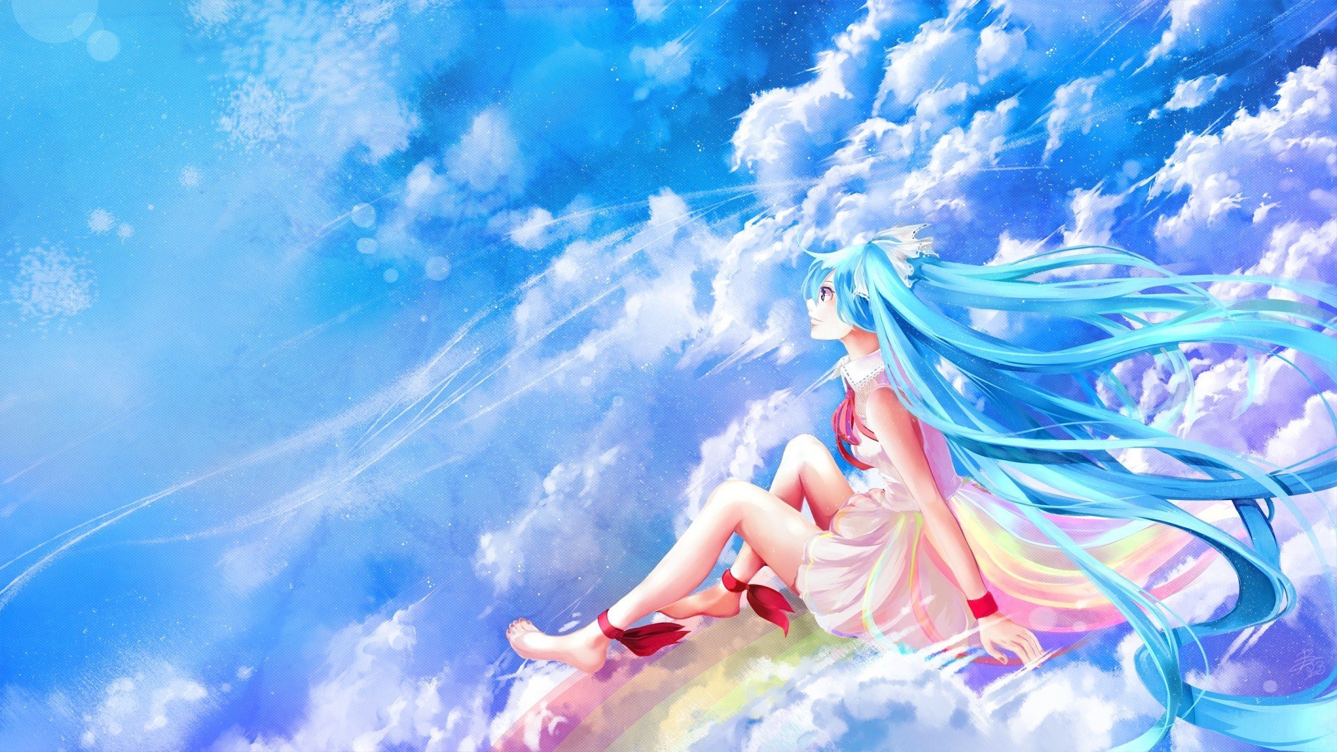 colorful, Anime, Anime girls, Vocaloid, Hatsune Miku, Clouds, Sitting Wallpaper
