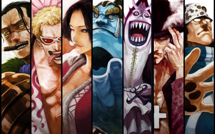 One Piece, Shichibukai, Dracule Mihawk, Bartholomew Kuma, Boa Hancock, Crocodiles, Donquixote Doflamingo, Jinbei, Gekko Moriah, Panels HD Wallpaper Desktop Background