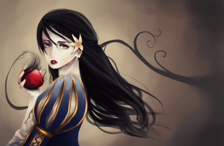 anime girls, Snow White, Apples, Yellow flowers, Black hair HD Wallpaper Desktop Background