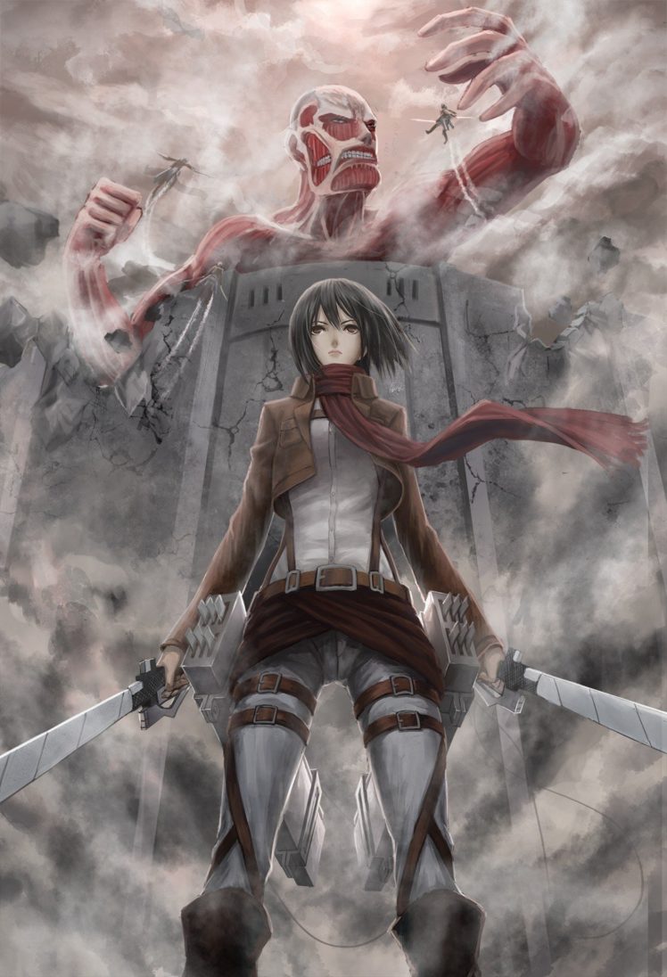 Shingeki no Kyojin, Mikasa Ackerman, Colossal Titan HD Wallpaper Desktop Background