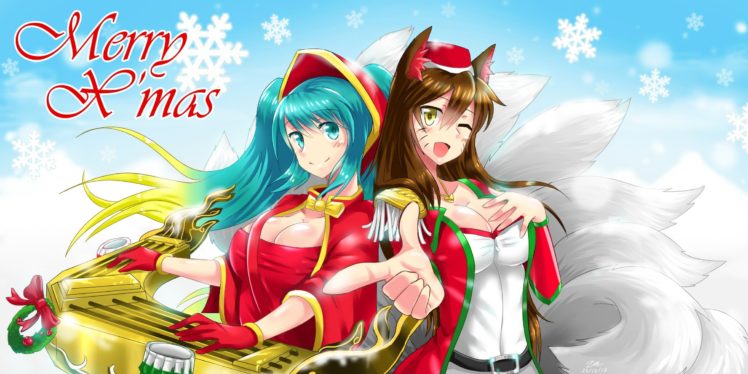 League of Legends, Video games, Women, Ahri, Sona, Christmas, Snow, Musical instrument HD Wallpaper Desktop Background