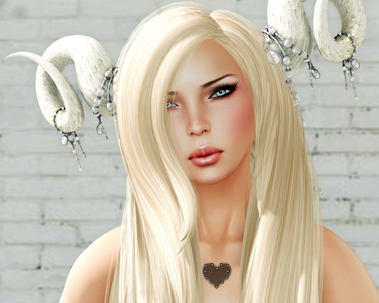 3d, Graphics, Girls, Fantasy, Blonde, Girl, Hair, Glance, Horns, Face HD Wallpaper Desktop Background