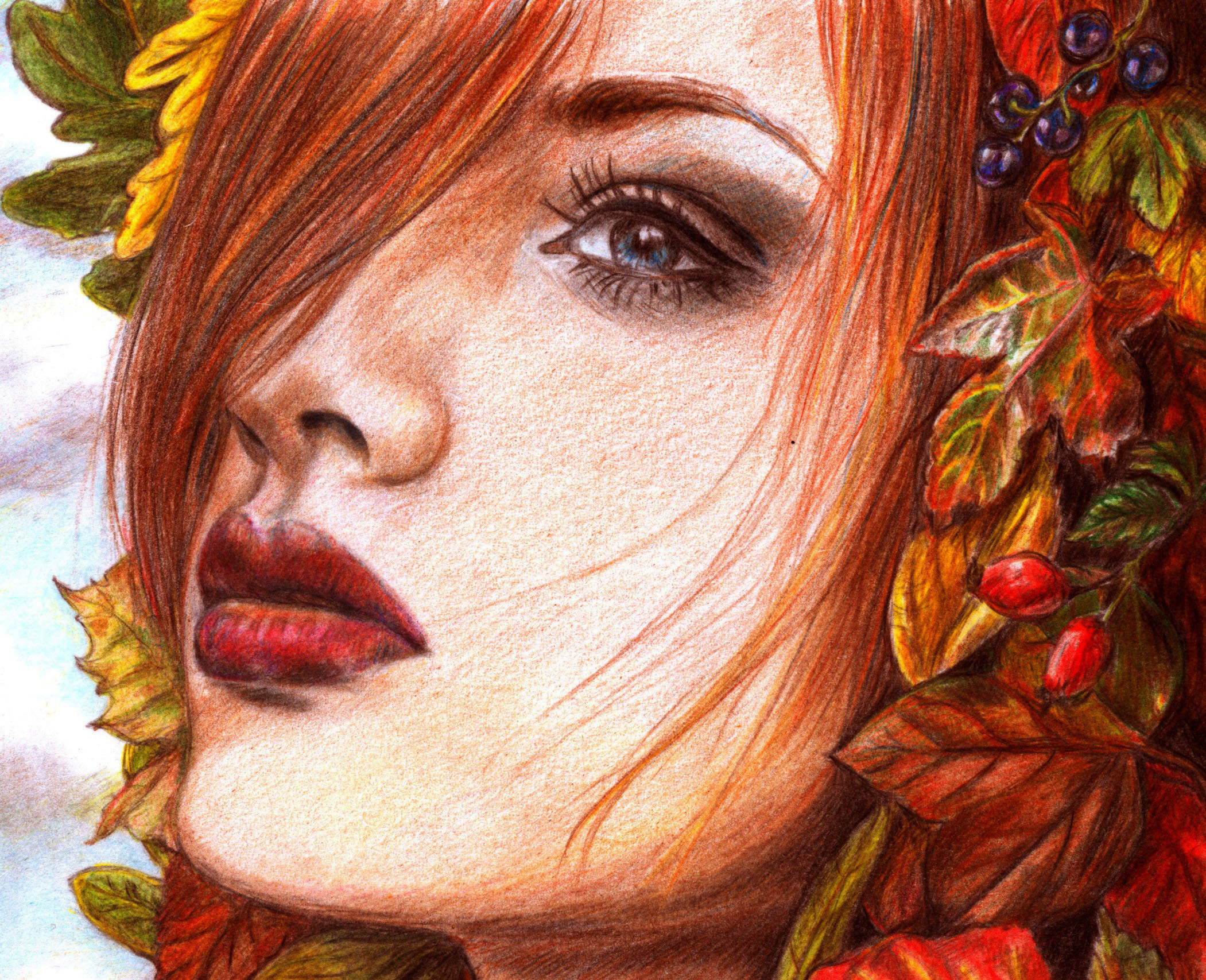painting, Art, Eyes, Face, Glance, Redhead, Girl, Hair, Red, Lips, Girls Wallpaper