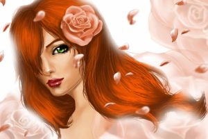 painting, Art, Redhead, Girl, Hair, Glance, Petals, Girls