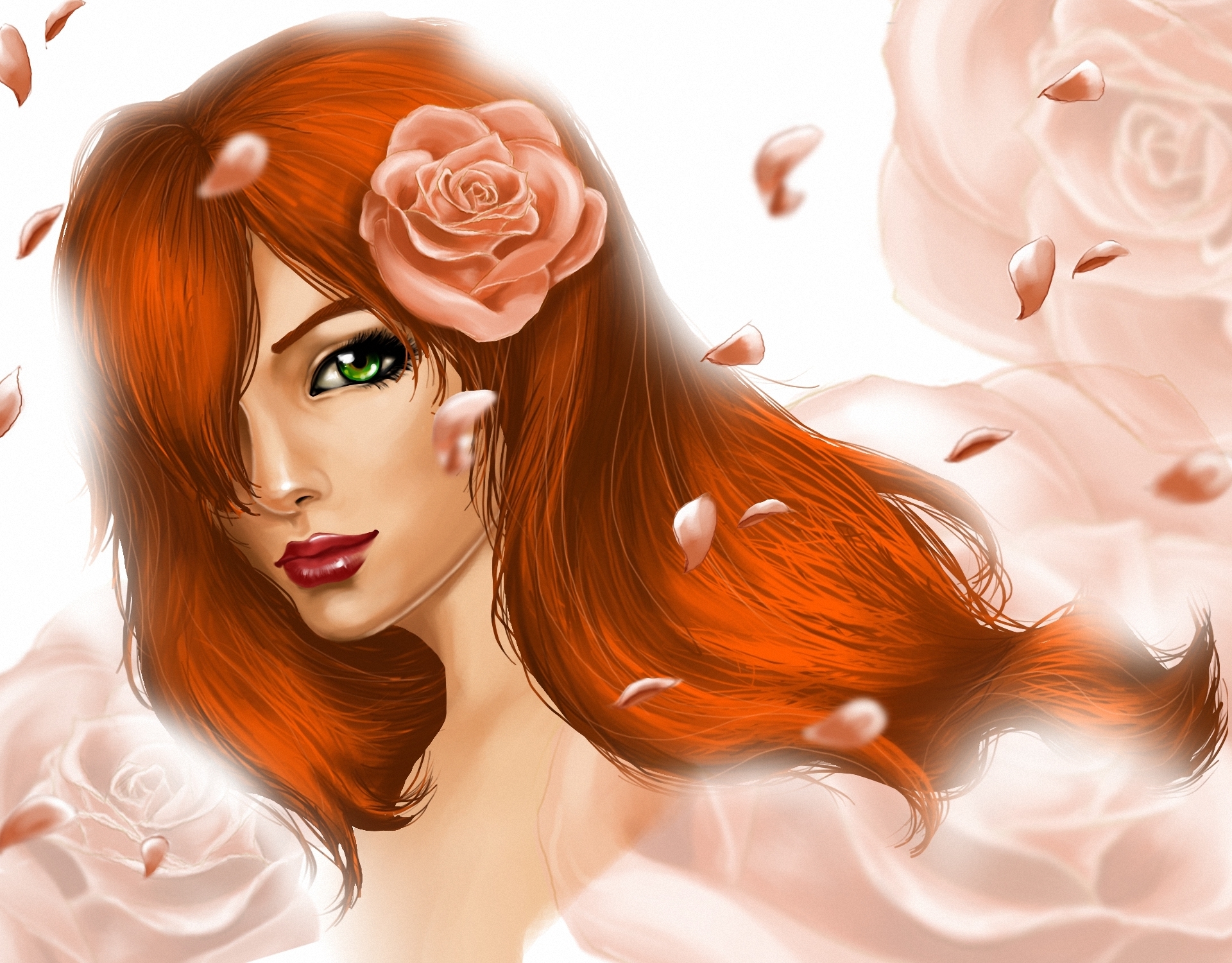 painting, Art, Redhead, Girl, Hair, Glance, Petals, Girls Wallpaper