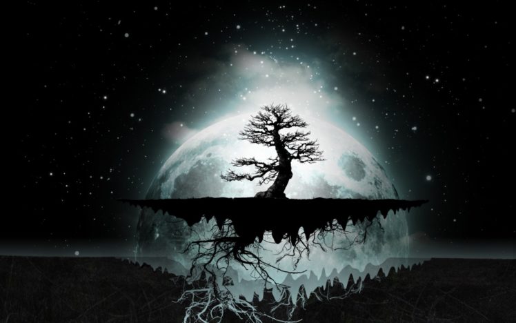 Abstract Trees Dark Night Stars Moon Digital Art Artwork